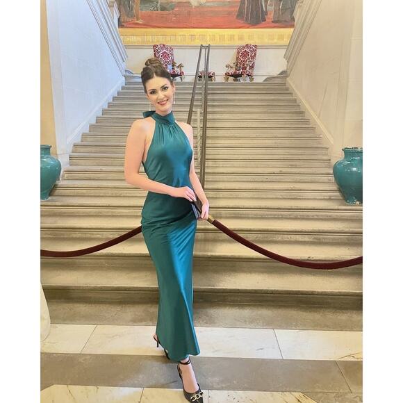 FAVIANA Green Satin Sleeveless Halter Neck Thigh-High Side Slit Gown Dress sz 14 - Picture 14 of 16